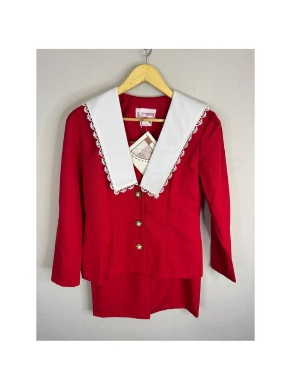 Vintage 80s Functionals Red Skirt Suit Set White Lace Sailor Collar Blazer 10